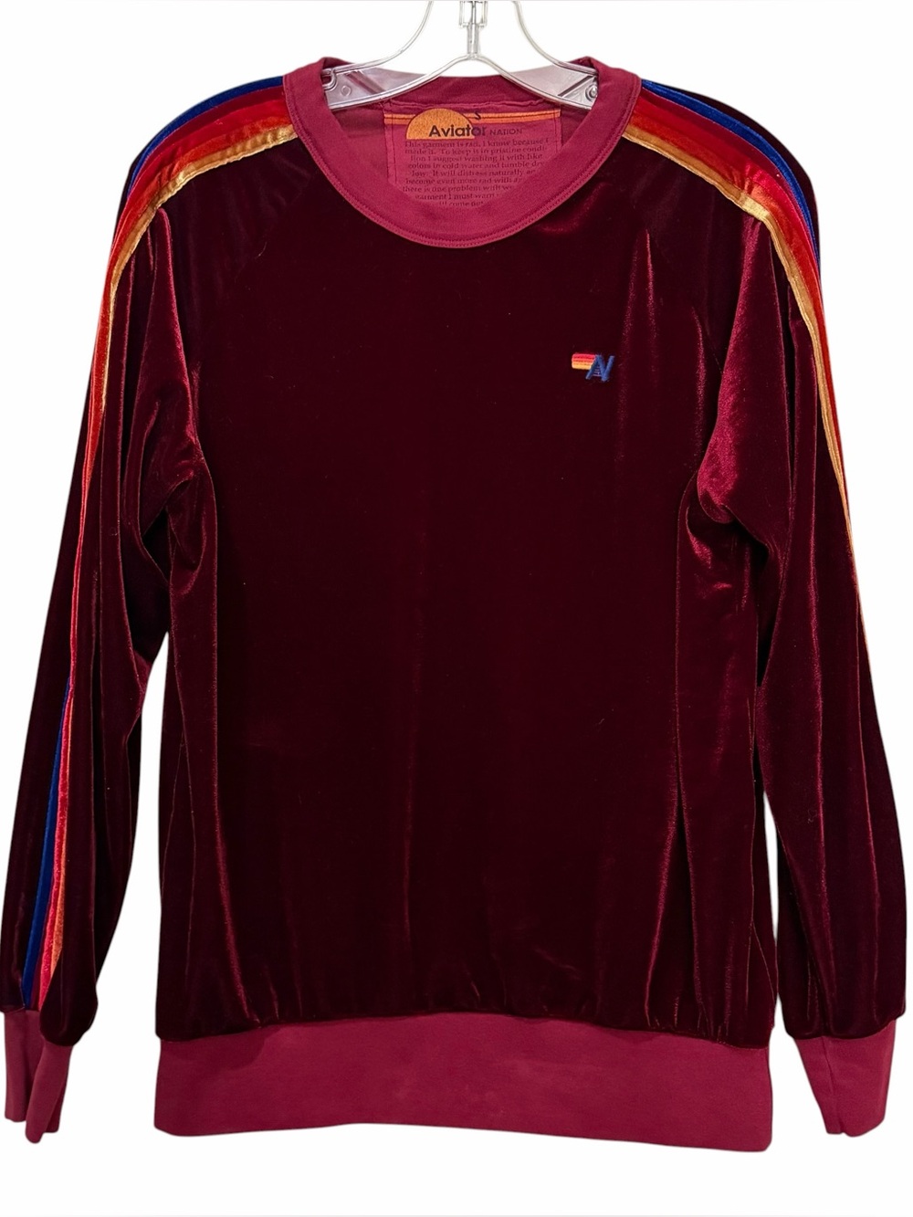 Aviator Nation Small Maroon Velvet Velour Stripe Long Sleeve Sweater 0006